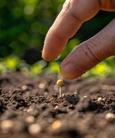 ai generiert Landwirte Hand Pflanzen Samen im Boden foto