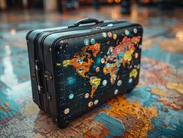ai generiert Koffer mit Aufkleber auf das Welt Karte foto