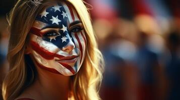 ai generiert Porträt von amerikanisch Flagge bilden auf voll Gesicht Frau zum Unabhängigkeit Tag USA Juli 4 .. Feier foto