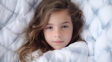ai generiert jung Mädchen mit ein kalt Verlegung im ein bequem Weiß Bett, Raum zum Text, Kind Krankheit Konzept foto