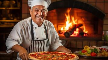 ai generiert lächelnd reifen Mann Backen Pizza im Italienisch Restaurant Backstein Ofen mit Kopieren Raum foto