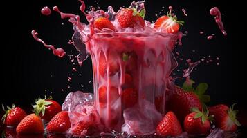 ai generiert surreal Plastik Tasse mit Erdbeeren Saft und sichtbar Eis Würfel, erfrischend Sommer- trinken Konzept foto