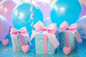 ai generiert heiter Feier. bunt Luftballons und festlich Geschenke auf ein hell und beschwingt Hintergrund foto