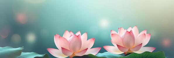 ai generiert Lotus Blumen Banner auf defokussiert Hintergrund mit Kopieren Raum - - Zen Meditation und Entspannung Konzept foto
