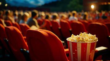 ai generiert frisch knallte Popcorn im ein Film Theater mit leeren Raum zum Text, Unterhaltung Konzept foto