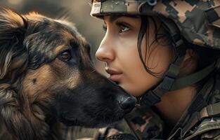 ai generiert weiblich Soldat und ihr Hund foto