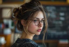 ai generiert Porträt von schön jung Frau mit Brille foto