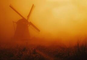 ai generiert Windmühle im das Nebel. Windmühle im nebelig bunt Sonnenaufgang im das Landschaft. foto