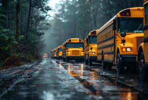 ai generiert Schule Busse geparkt im das Regen foto
