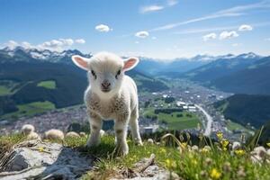 ai generiert bezaubernd Herde von Schaf Weiden lassen auf Grün alpin Wiesen im das malerisch draußen foto