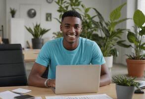 ai generiert männlich im Erwachsene heiter während Arbeiten beim Zuhause Büro. tragen beiläufig tragen mit Laptop. foto