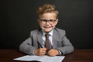 ai generiert lächelnd jung Junge im ein stilvoll passen und Krawatte mit reichlich Raum zum Ihre Text oder Botschaft foto