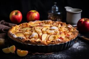 ai generiert köstlich Apfel Kuchen - - duftend Dessert vorgestellt auf Restaurant Speisekarte mit reichlich Text Raum foto