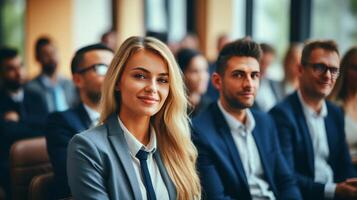 ai generiert zuversichtlich Geschäftsfrau liefert mächtig Keynote zu vielfältig Konferenz Publikum foto