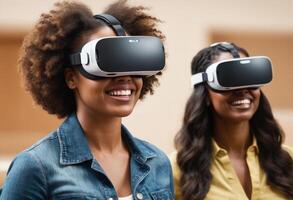 ai generiert ein Frau trägt ein virtuell Wirklichkeit Headset, eingetaucht im ein interaktiv Digital Erfahrung. foto