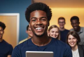 ai generiert ein Schüler im ein Blau Hemd engagiert mit ein Laptop während ein Lernen Sitzung. seine hell Lächeln und aufmerksam Haltung vorschlagen aktiv Beteiligung und Vergnügen von das Kollaborativ Atmosphäre. foto