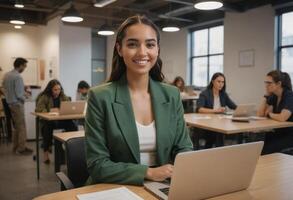 ai generiert ein Fachmann Frau im ein Grün Blazer Arbeiten beim ihr Laptop, porträtieren Fokus und Ehrgeiz. foto