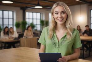 ai generiert ein freundlich blond Frau Verwendet ein Digital Pad im das Büro. foto