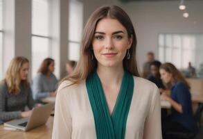 ai generiert elegant Frau mit ein blaugrün Schal beim das Büro, bereit und Fachmann. modern Arbeitsplatz Eleganz. foto