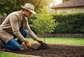 ai generiert ein Mann Pflanzen ein jung Baum im seine Hinterhof, beitragen zu das Umgebung und Grün um seine heim. foto