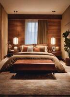 ai generiert Innere von klassisch Schlafzimmer, komfortabel König Größe Bett. ai generativ foto