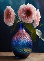 ai generiert bunt dekorativ Glas Vase mit Grün und Blau Muster auf das Tisch. schließen hoch. ai generativ foto