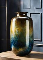 ai generiert bunt dekorativ Glas Vase mit Grün und Blau Muster auf das Tisch. schließen hoch. ai generativ foto