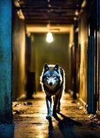 ai generiert Porträt von ein Wolf im ein dunkel Gang beim Nacht. ai generativ foto