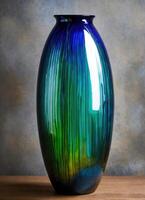 ai generiert bunt dekorativ Glas Vase mit Grün und Blau Muster auf das Tisch. schließen hoch. ai generativ foto