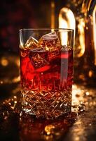 ai generiert ein Glas von Whiskey mit Eis und Spritzer. golden funkelt Hintergrund. ai generativ foto