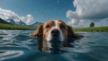 ai generiert ein Hund Schwimmen im das Wasser mit ein Blau Himmel foto