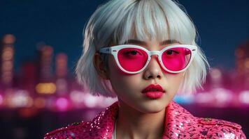 ai generiert zärtlich asiatisch Mädchen mit Neon- Sonnenbrille foto