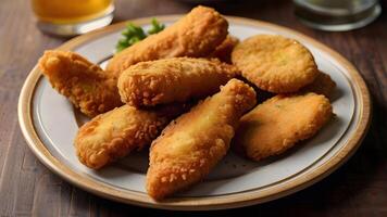 ai generiert knusprig gebraten paniert Hähnchen Streifen und Nuggets, Brust Filet Ausschreibungen auf ein Platte. hölzern Hintergrund. foto