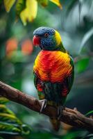 ai generiert bunt Vogel thront auf Baum Ast foto