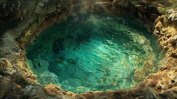 ai generiert groß Schwimmbad von Wasser umgeben durch Felsen foto