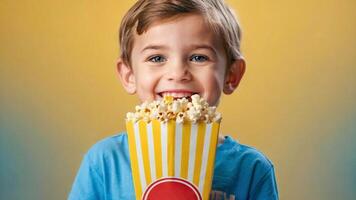 ai generiert ein Kind mit 3d Brille und Popcorn foto