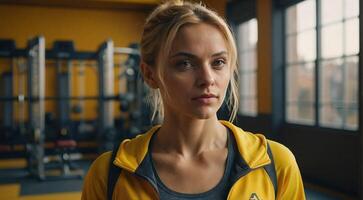 ai generiert ein Frau im ein Gelb Jacke Stehen im ein Fitnessstudio foto