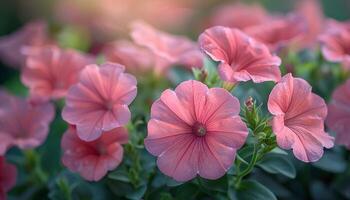 ai generiert Petunie Blumen im ein Garten. Rosa und lila Blumen Blühen während Sommer- Zeit im Natur. Petunie Blume foto