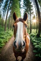 ai generiert Tier machen Selfie im Wald. Nahansicht Pferd im Wald nehmen Selfie. Interaktion zwischen Tierwelt und modern Fotografie Trends foto