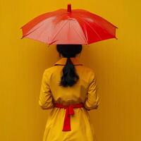ai generiert Mädchen mit rot Regenschirm auf Gelb Hintergrund mit ihr zurück gedreht zu das Kamera. Frau halten Regenschirm im Vorderseite von ein Hintergrund. Person unter Regenschirm foto
