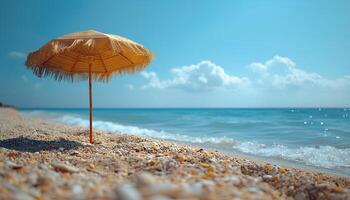 ai generiert Sonnenschirm auf das Strand während Sommer. Sonnenschirm zum Schatten Schutz auf ein sonnig Strand im ein tropisch Ziel mit Wellen abstürzen das Strand. tropisch Ziel foto