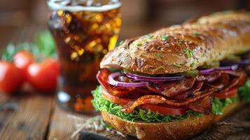 ai generiert köstlich sub Sandwich mit Kopfsalat, Tomaten, Zwiebeln, und Tomaten foto