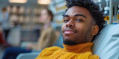 ai generiert Mann im Gelb Sweatshirt Sitzung im Krankenhaus Bett foto