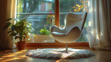 ai generiert Weiß Stuhl im Vorderseite von Fenster foto