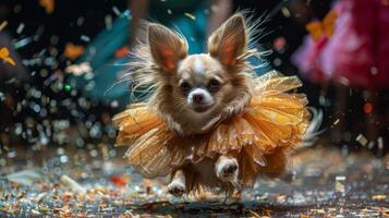 ai generiert klein Hund Laufen im Gelb Kleid durch Regen foto