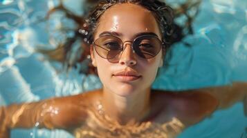 ai generiert Frau Schwimmen Schwimmbad Sonnenbrille foto