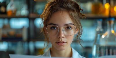 ai generiert Frau mit Brille lesen ein Buch foto