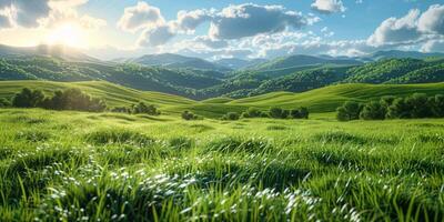 ai generiert Sonne scheint durch Grün Gras foto