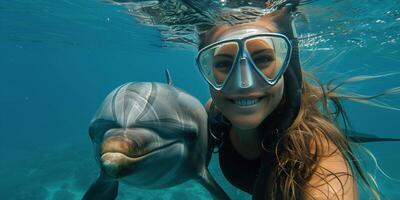 ai generiert Frau Schnorcheln mit Delfin foto