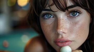 ai generiert Nahansicht Porträt von Frau mit Sommersprossen auf Gesicht foto